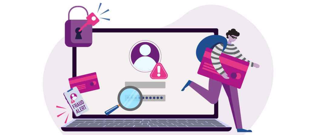 Graphic showing a burglar stealing credit card details