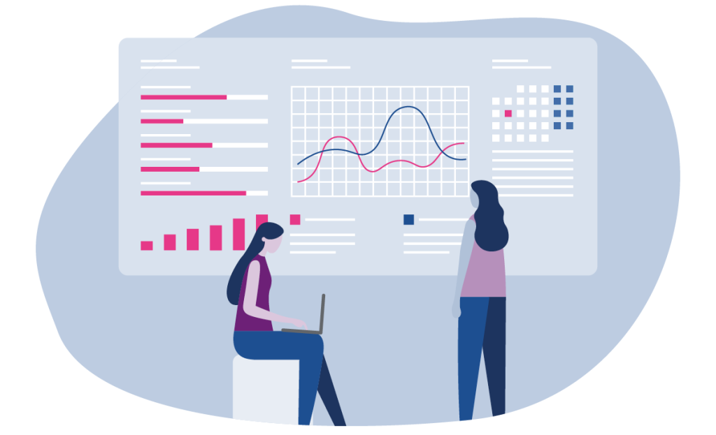 Animated graphic of two colleagues looking at various pieces of data