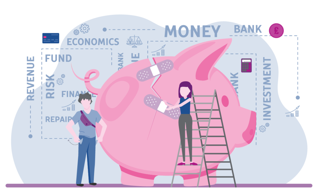 Illustration of a couple patching up a piggy bank